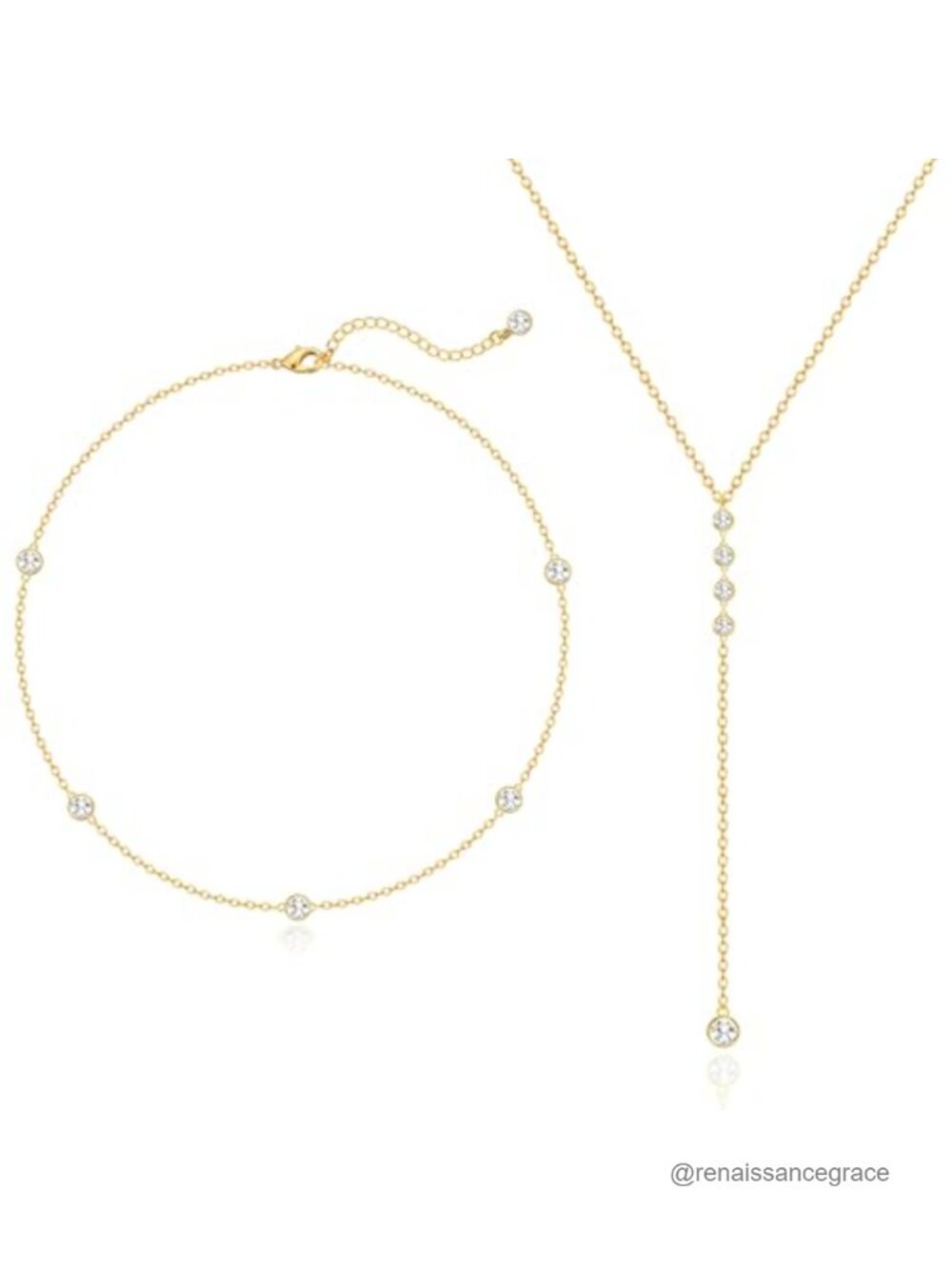 Layered Lariat Necklace Set Gold Plated CZ Y-Shaped Choker Wedding Jewelry